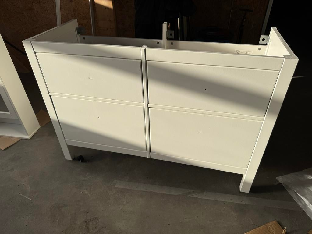 Badkamermeubel met dubbele wastafel, spiegelkast en hoge kas, Ophalen, 100 tot 150 cm, Zo goed als nieuw, Minder dan 100 cm