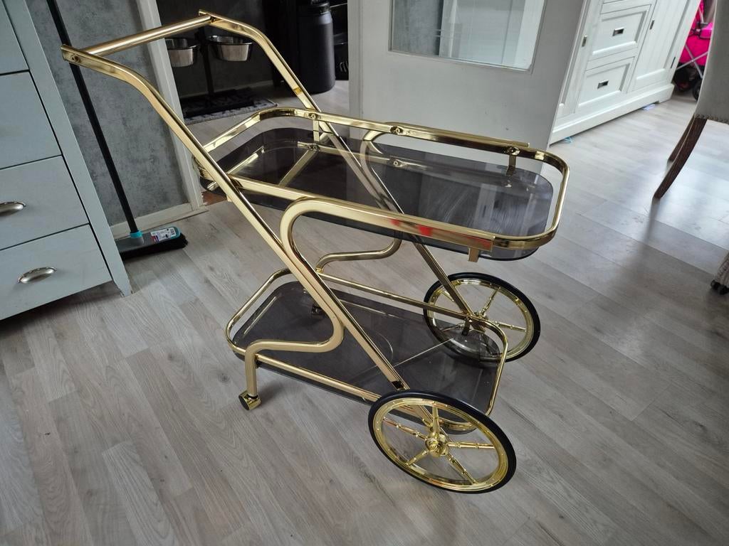 Mid-century messing serveerwagen met glazen planken, Antiek en Kunst, Ophalen