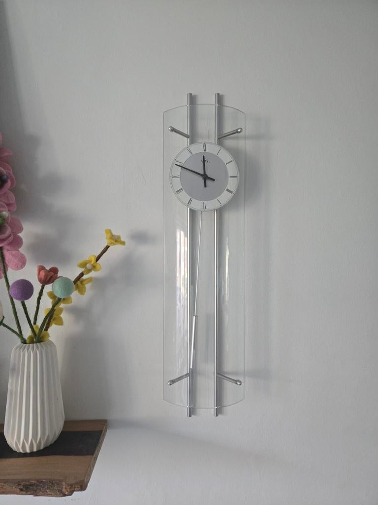 Ams Wandklok met Slinger - Zilver & Glas, Ophalen of Verzenden, Zo goed als nieuw
