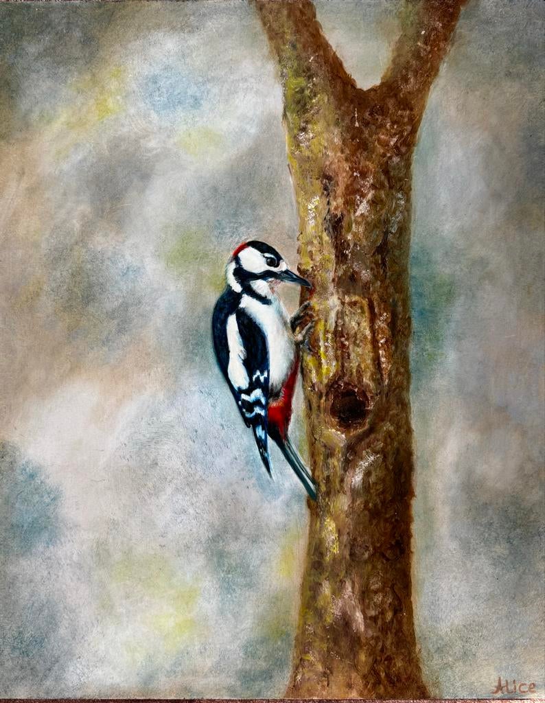 Schilderij van een Grote Bonte Specht, Ophalen of Verzenden