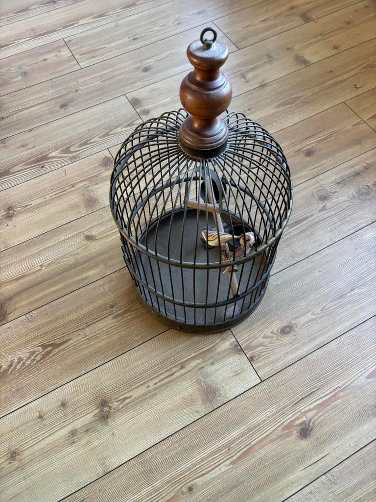 Vogelkooi antiek brass met houte vogeltjes, Antiek en Kunst, Curiosa en Brocante, Ophalen