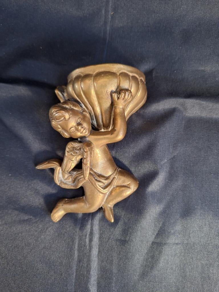 Vintage Koperen Engel Cherub Beeldje Met Schelp, Antiek en Kunst, Antiek | Koper en Brons, Ophalen, Koper