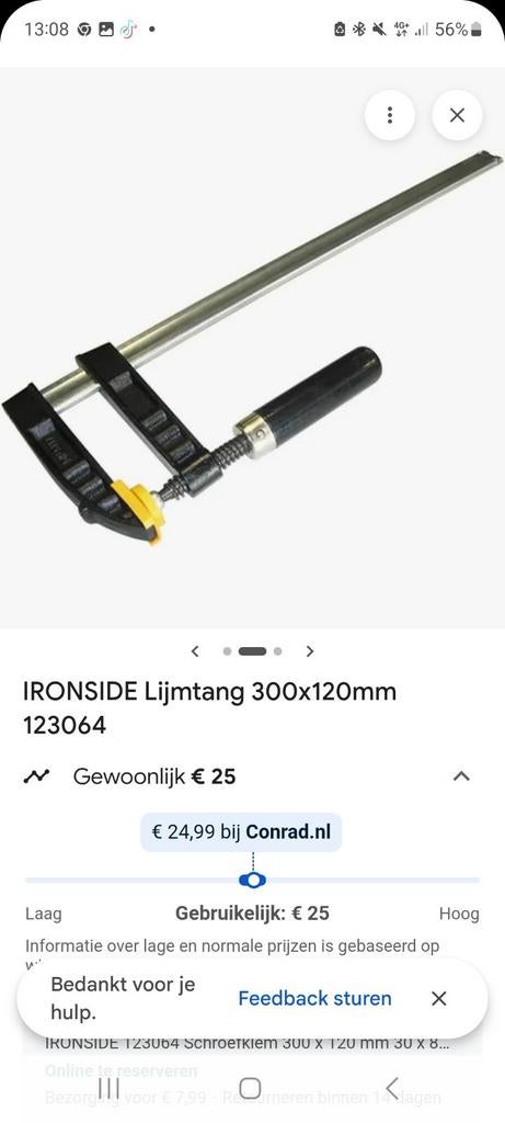 4 stujs ironside Lijmtang 300x120mm - Krachtige Klem, Doe-het-zelf en Verbouw, Gereedschap | Handgereedschap, Ophalen, Gebruikt