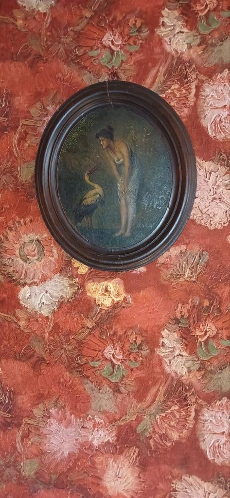 Antiek ovaal schilderij: Vrouw met ooievaar, Antiek en Kunst, Kunst | Schilderijen | Klassiek, Ophalen