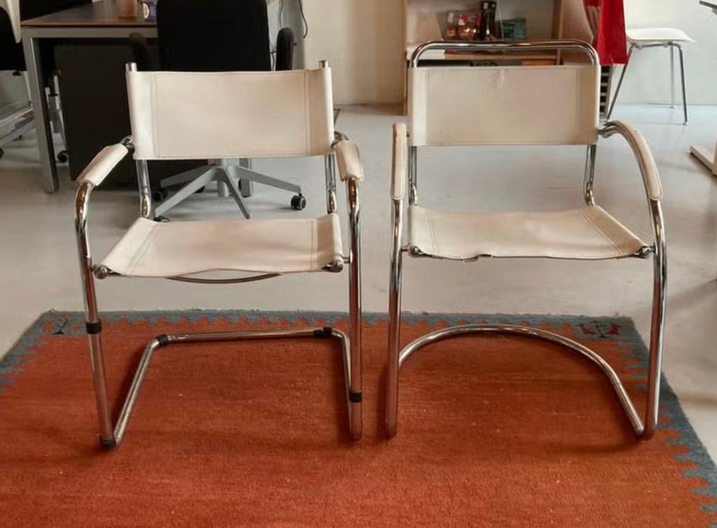 Twee vintage/retro Italiaanse design buisframe stoelen, Huis en Inrichting, Stoelen, Ophalen, Gebruikt, Twee, Wit