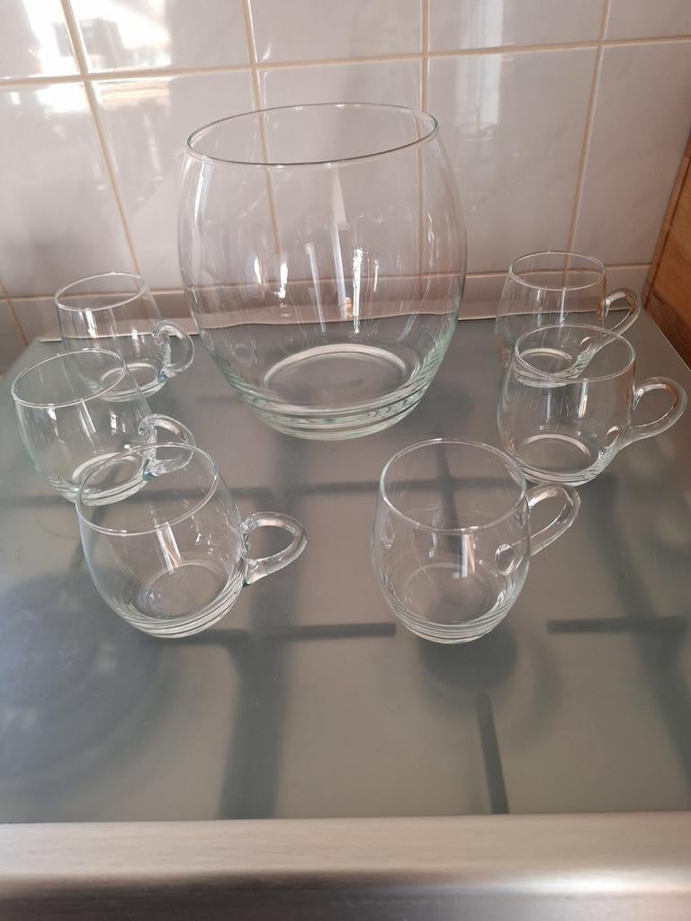 Glazen punchkom met 6 bijpassende glazen, Huis en Inrichting, Ophalen, Overige typen, Effen, Glas