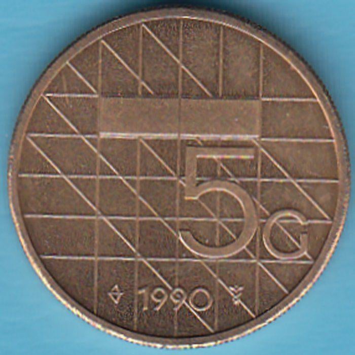 Nederland Vijfje (5 gulden) 1990 UNC in munthouder, Postzegels en Munten, Munten | Nederland, Ophalen of Verzenden, Koningin Beatrix