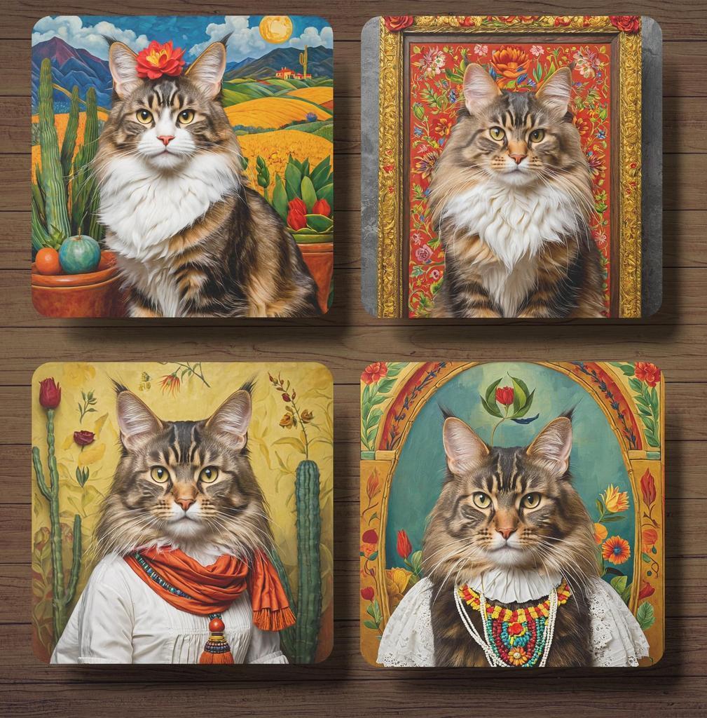 Maine Coon Frida Kahlo onderzetters met houder, Huis en Inrichting, Ophalen of Verzenden, Nieuw, Glas of Kopje