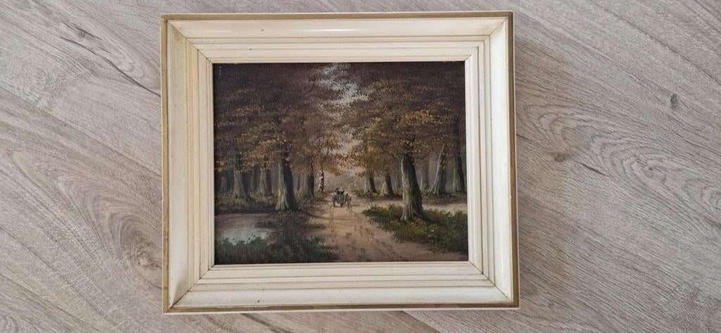 Schilderij bos met kar, Ophalen of Verzenden