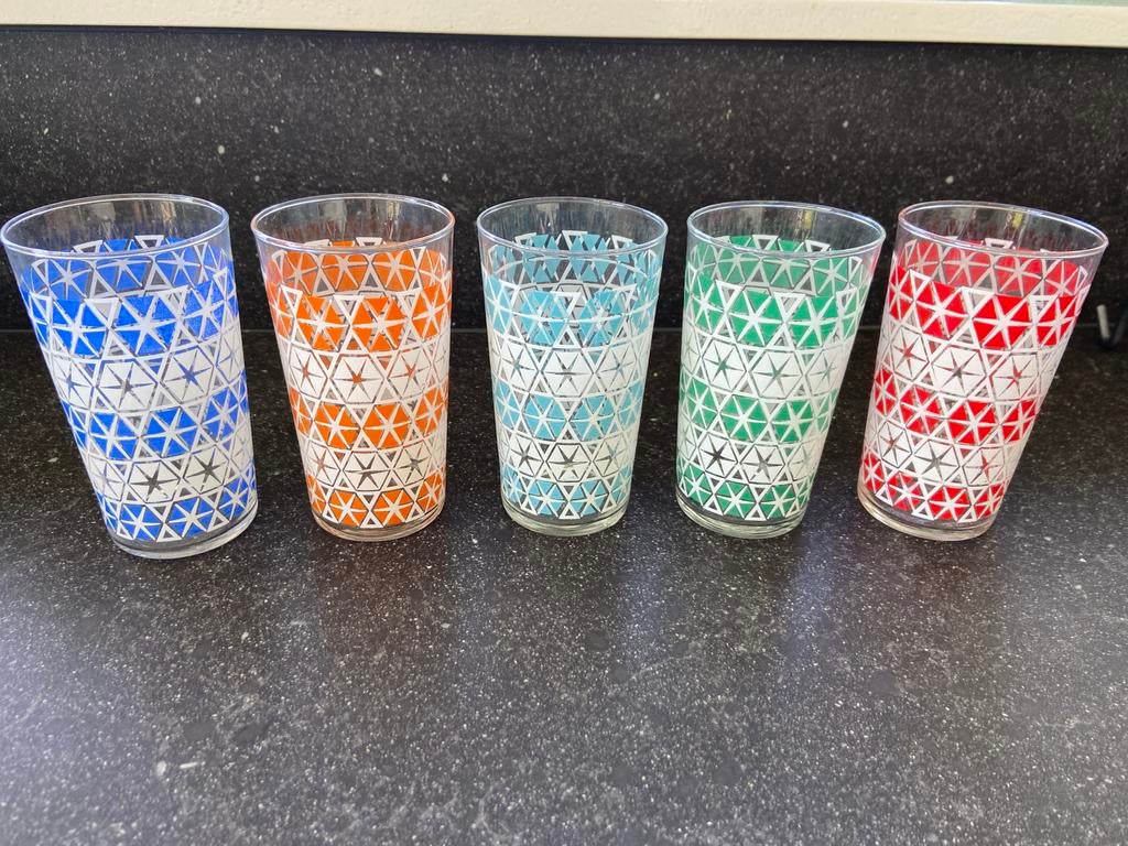 5 retro vintage limonade glazen drinkglazen oranje rood wit, Ophalen of Verzenden, Zo goed als nieuw, Waterglas