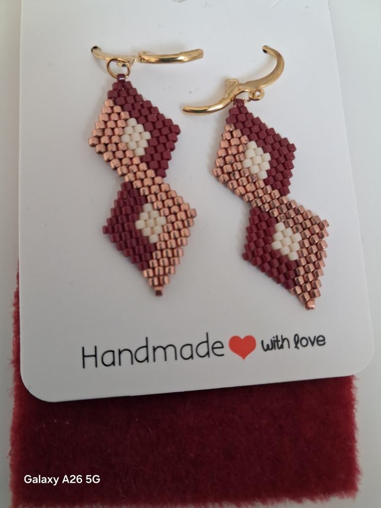 Handgemaakte oorbellen - Bordeaux & Roségoud, Hangers, Overige kleuren, Nieuw, Ophalen of Verzenden