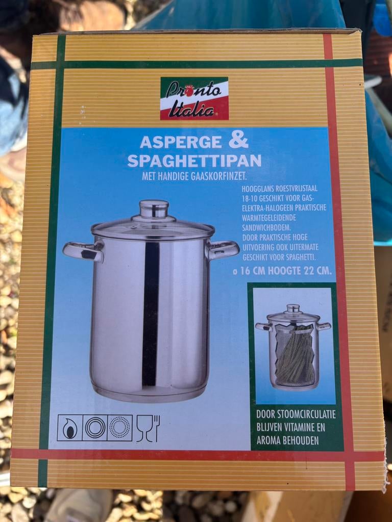 NIEUW asperges / spagetti pan met inzet in doos rvs, Ophalen of Verzenden, Nieuw, Rvs
