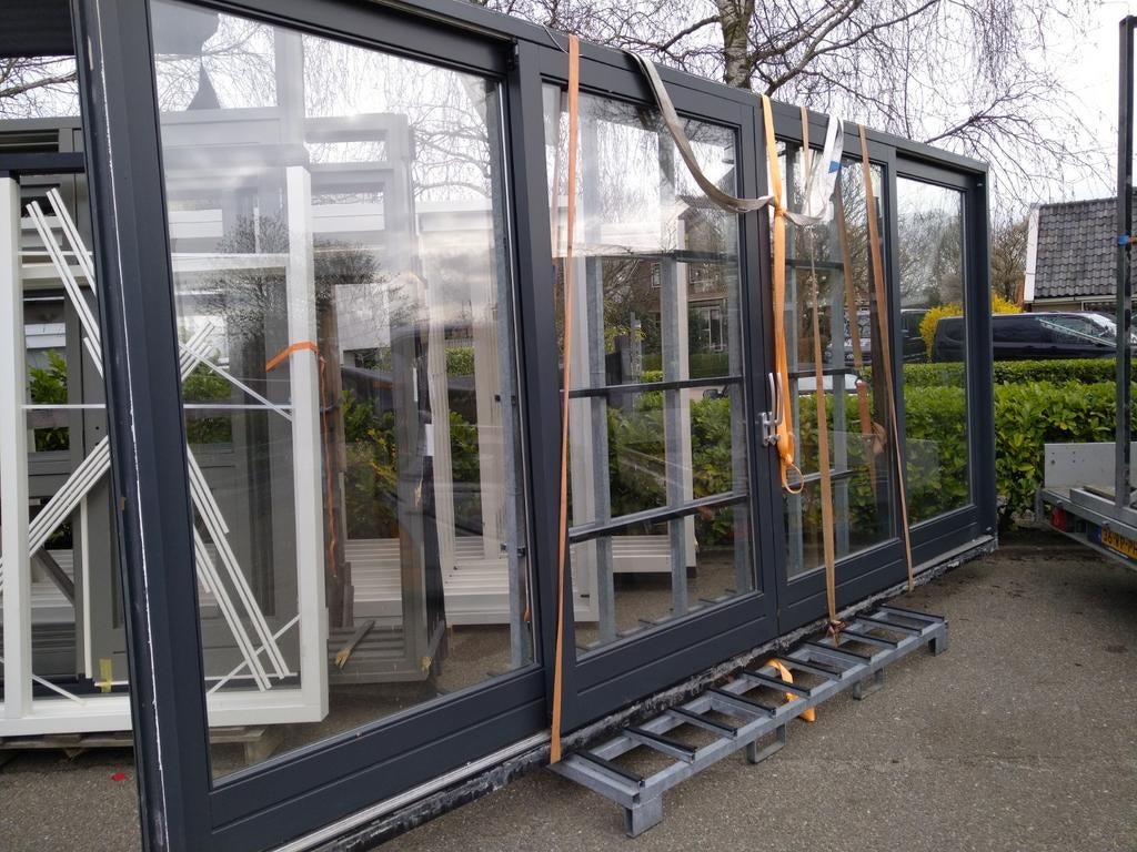 Hardhouten schuifpui met 2 schuifdeuren 4 vakken, Ophalen of Verzenden, Zo goed als nieuw, Schuifdeur, Glas