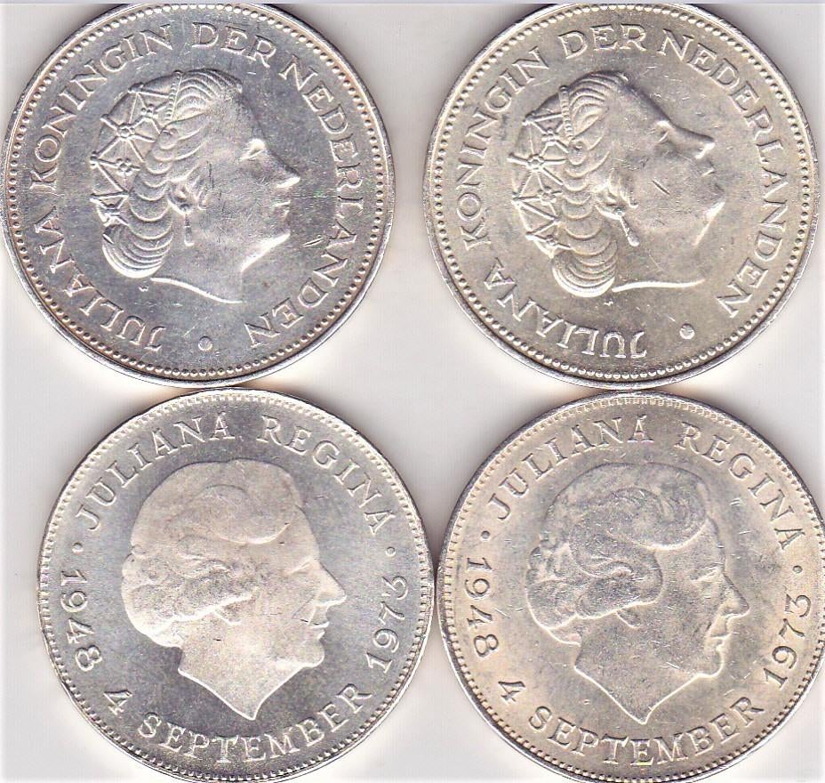 10 GULDEN MUNTEN    ZILVER    2 X 1970  -   2 X 1973, Postzegels en Munten, Munten | Nederland, Ophalen of Verzenden, Koningin Juliana