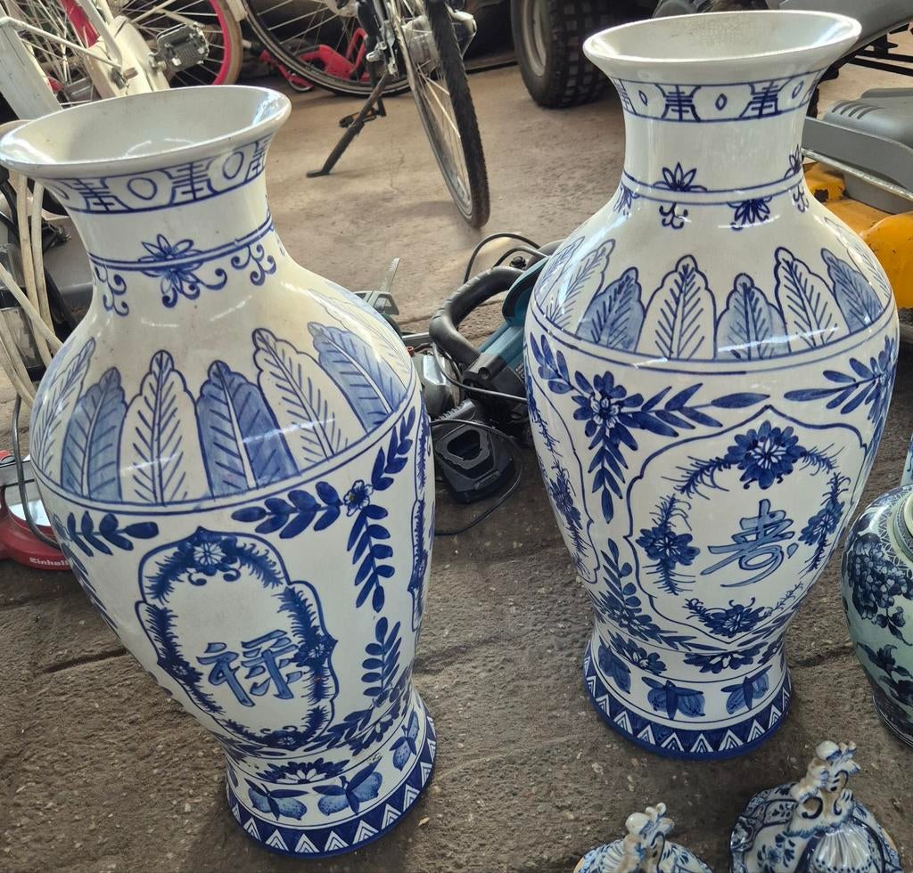 2 Mooie Chinese Vazen - Blauw-Wit Porselein, 53 cm Hoog, Antiek en Kunst, Antiek | Vazen, Ophalen