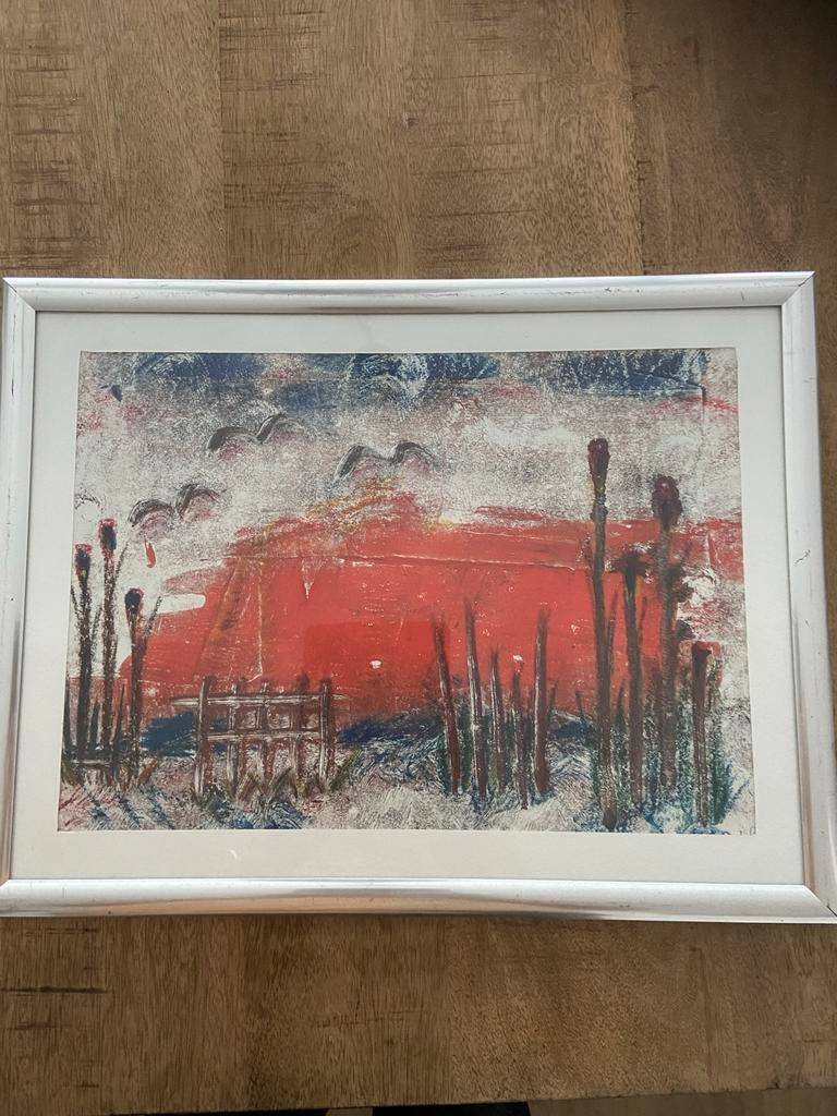 Oliepastel van Anke Goossens - Landschap met vogels, Ophalen