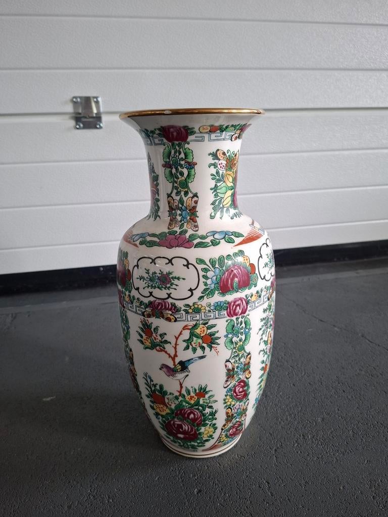 Mooie antieke vaas met bloemen en vogels, Ophalen of Verzenden