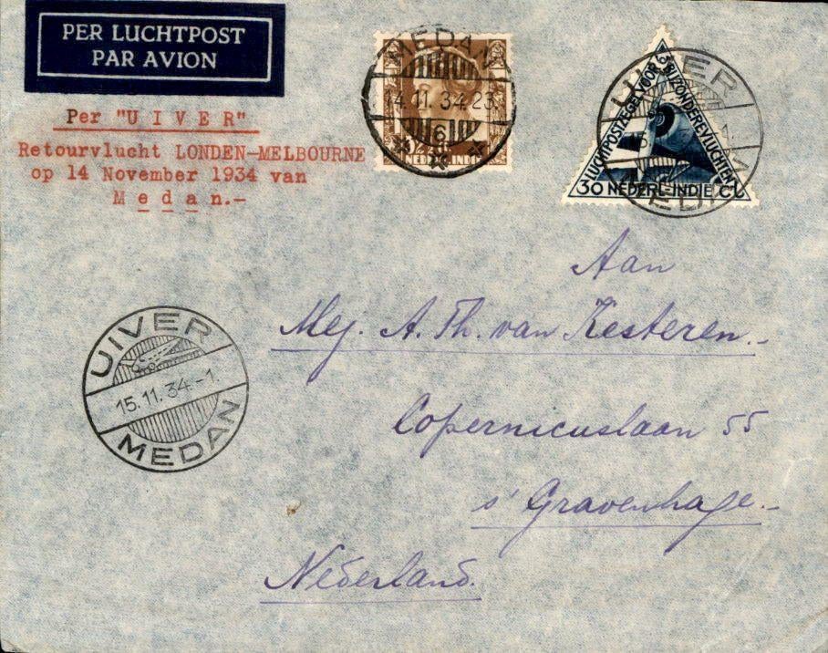 Nederlands Indië - Uiver - Frankering - 1934, Ophalen of Verzenden, Envelop