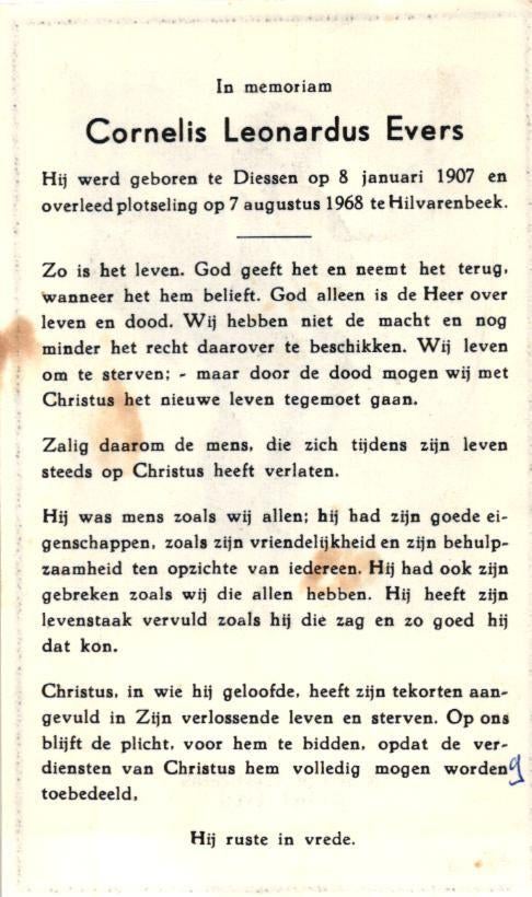 Evers Cornelis Leonardus 1907 Diessen-1968 Hilvarenbeek, Ophalen of Verzenden
