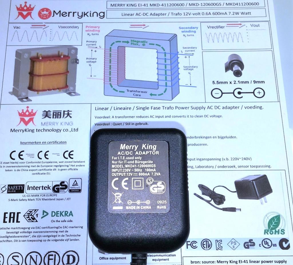 MERRY KING MKD41-1200600 12V 0.6A AC DC Adapter Oplader
