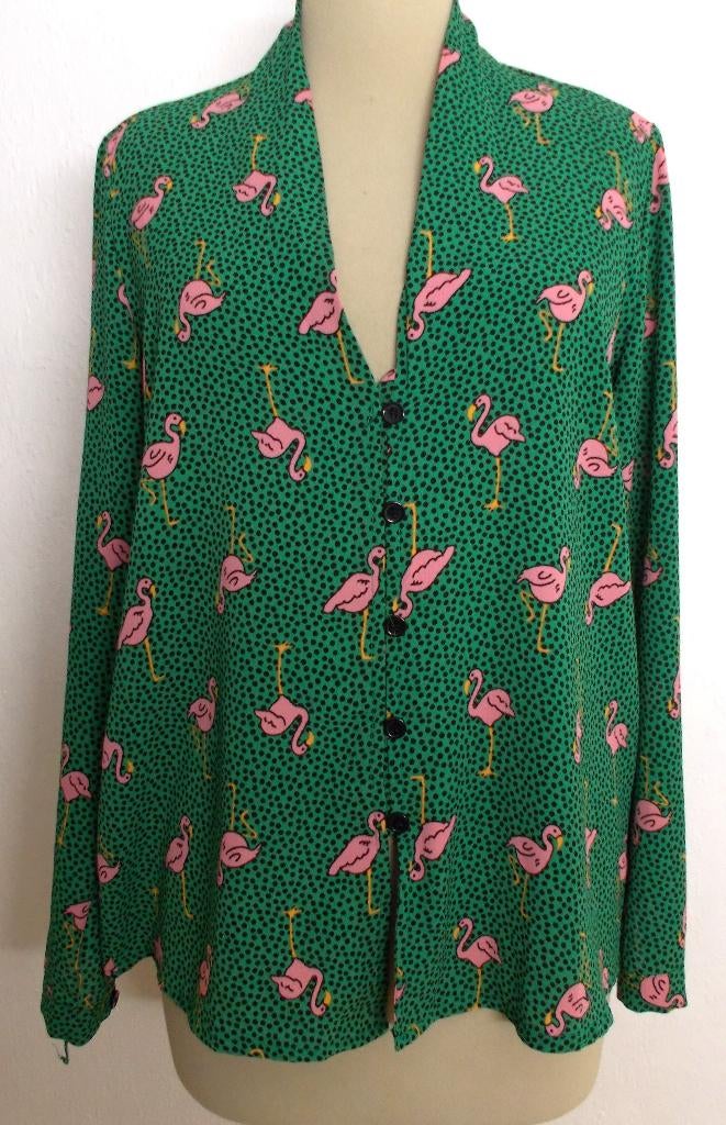 Grappige groen roze flamingo print blouse/top! M, Kleding | Dames, Blouses en Tunieken, Zo goed als nieuw, Maat 38/40 (M), Groen