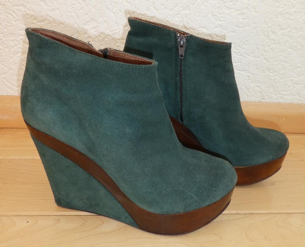 Smania enkellaarzen maat 40 vintage groen suede hout sleehak, Verzenden, Lage of Enkellaarzen, Zo goed als nieuw, Smania