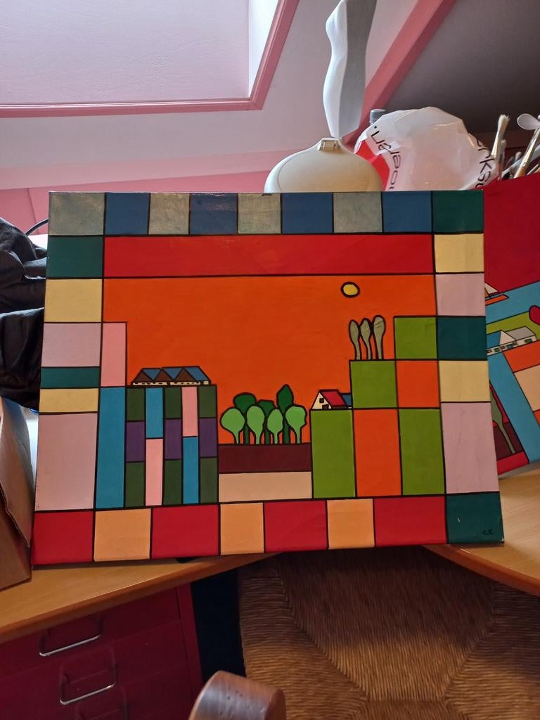 Twee mooie schilderijen modern 50 cm br  en 49 cm hoog, Ophalen of Verzenden, Minder dan 50 cm, Schilderij, Minder dan 50 cm