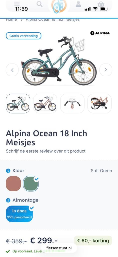 Alpina Ocean 18 inch meisjesfiets gebruikt., Fietsen en Brommers, Fietsen | Meisjes, Ophalen of Verzenden, Gebruikt, 18 inch, Handrem