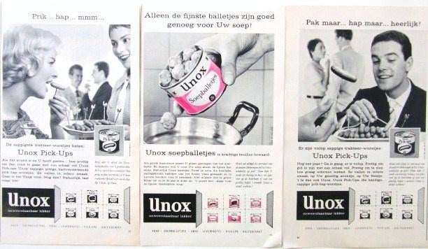 12 vintage reclames Unox soepballetjes 57-58 worstjes, Ophalen of Verzenden, Gebruikt, Overige typen