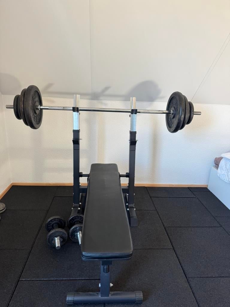 Home gym bench set met barbell en dumbells en z bar, Sport en Fitness, Ophalen, Gebruikt, Halterset