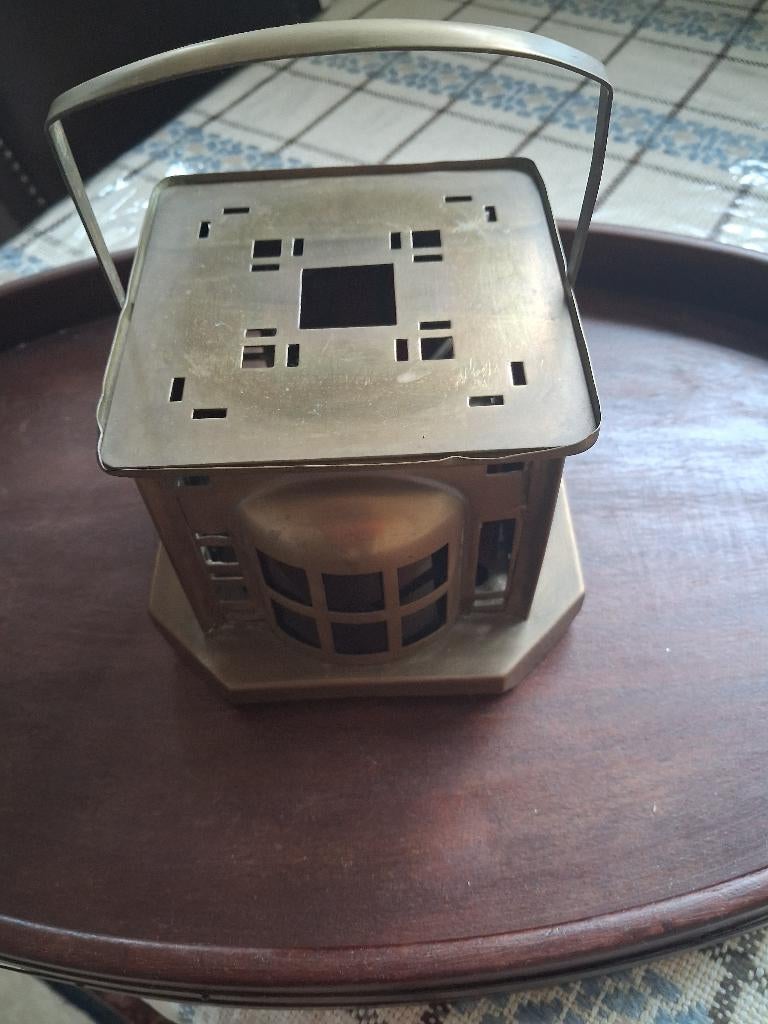 antiek geel koperen theelichtje met vierkant glas, Ophalen of Verzenden, Koper