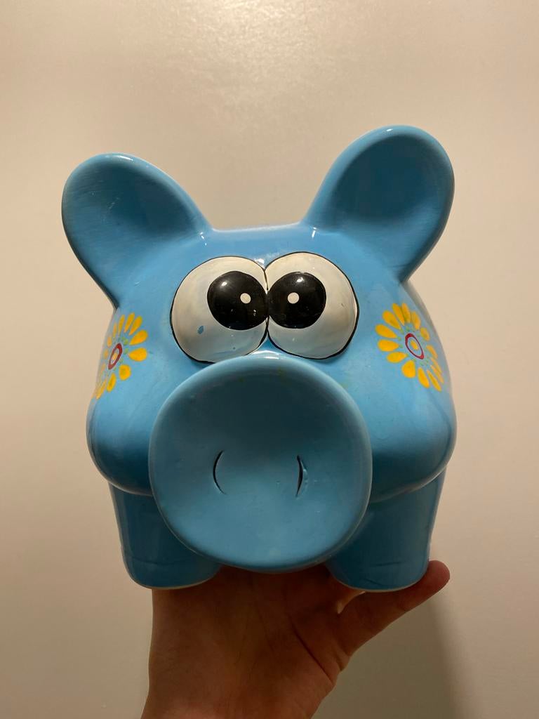 Groot blauw spaarvarken met bloemen, Ophalen of Verzenden, Gebruikt, Steen, Aardewerk of Keramiek, Dier