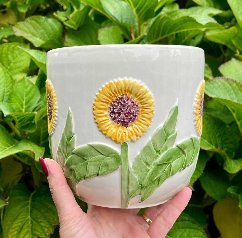 Bloempot met 3D zonnebloemen overpot zonnebloem bloempotje, Gebruikt, Rond, Binnen, Ophalen of Verzenden