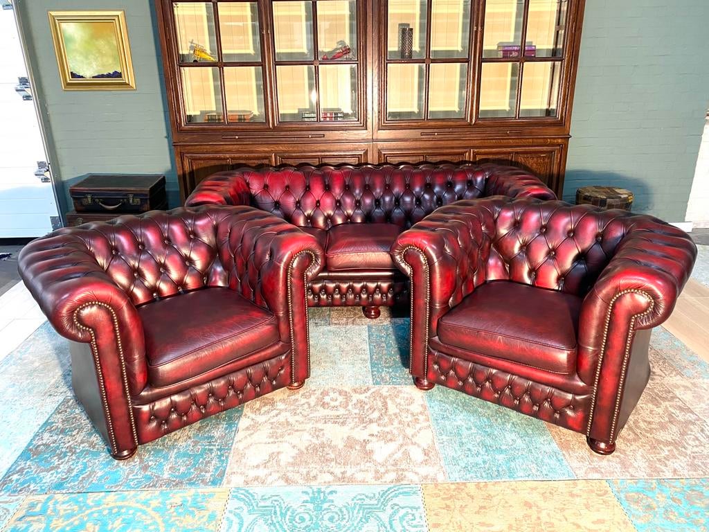 Springvale Chesterfield 3+1+1 zit bankstel Oxblood rood, Ophalen of Verzenden, Gebruikt, 75 tot 100 cm, Leer