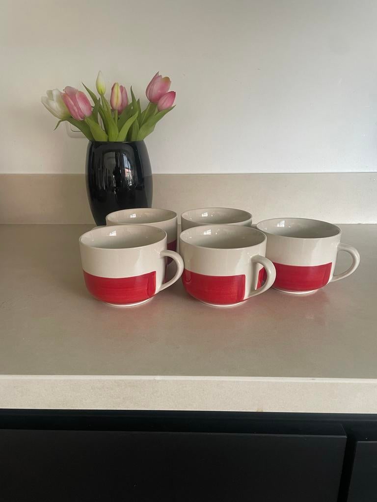 5 Albert Heijn soepkommen rood/crème, Gebruikt, Keramiek, Ophalen of Verzenden, Kom(men)