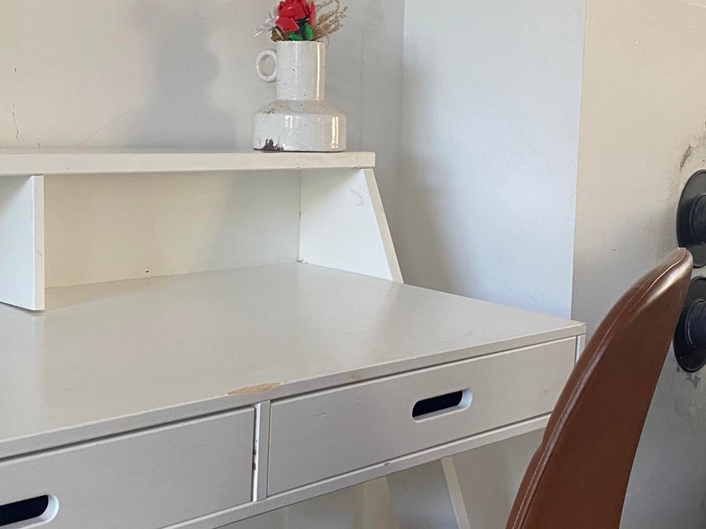 Net bureautje woodconnect met antraciet leren inleg, Huis en Inrichting, Bureaus, Gebruikt, Schoolbureau, Hout, Wit, Met lades