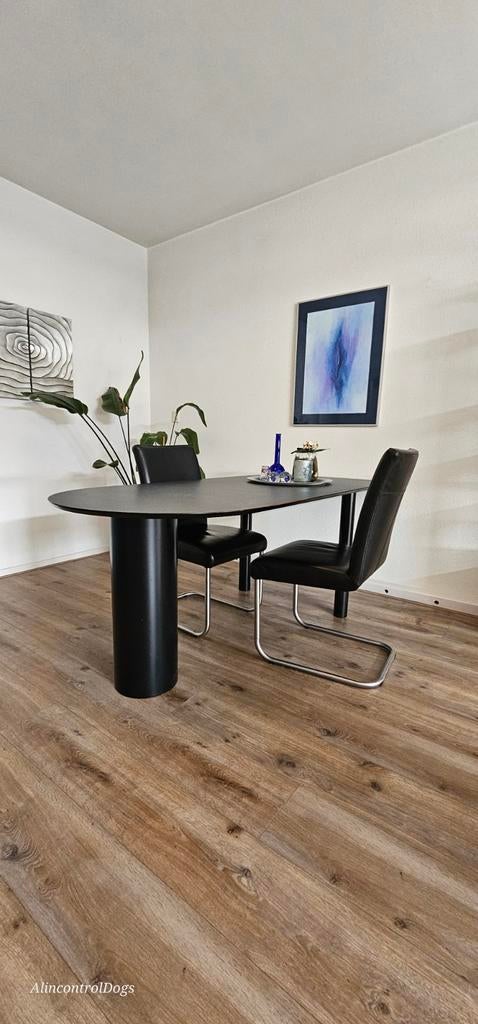 Uitschuifbare eettafel met 2 design stoelen en kantoorstoel, Huis en Inrichting, Tafels | Eettafels, Ophalen, Overige materialen