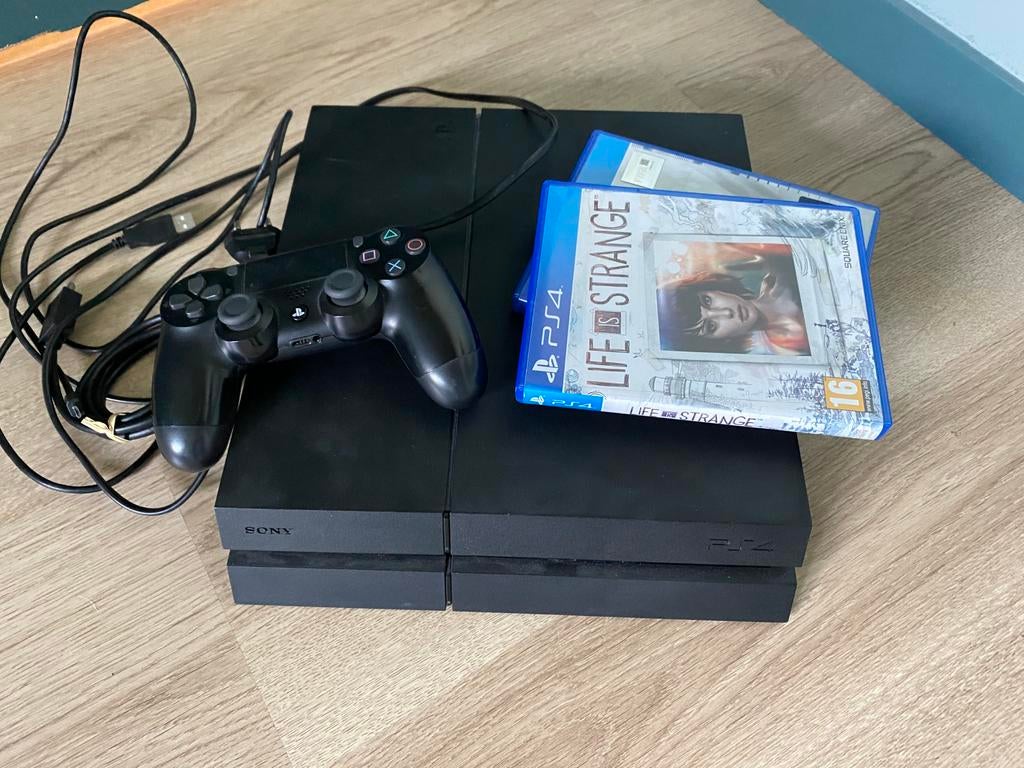 PlayStation 4 (500 GB) met controller, 2 spellen en kabels, Ophalen of Verzenden, Zo goed als nieuw, Met 1 controller, Original