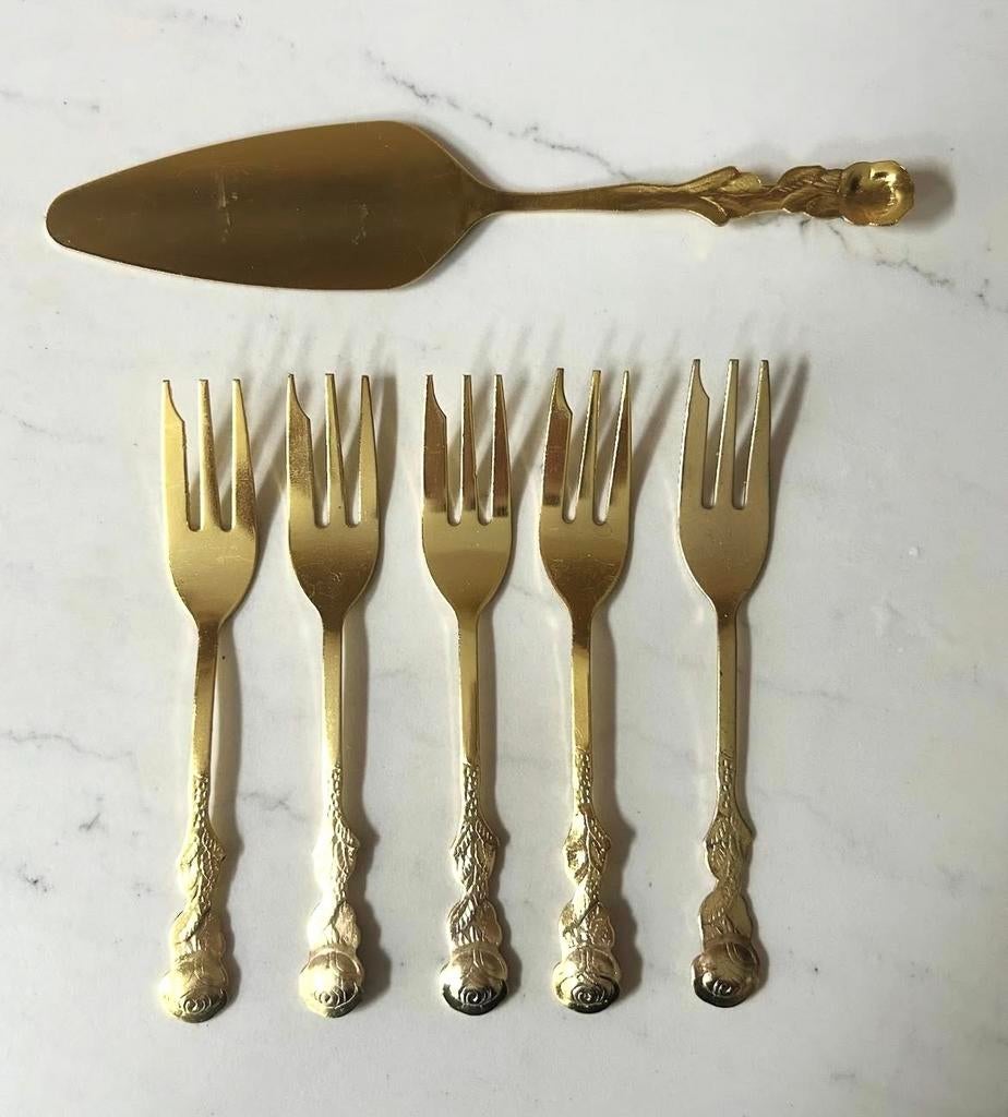 Vergulde gebaksset: 5 vorkjes en taartschep, Antiek en Kunst, Antiek | Bestek, Ophalen of Verzenden