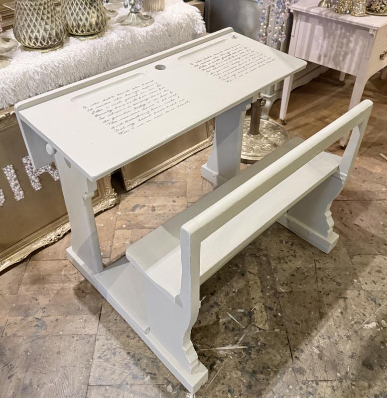 Vintage dubbel schoolbankje, brocante lessenaar, antiek VdlM, Ophalen, Zo goed als nieuw, Stoel(en)