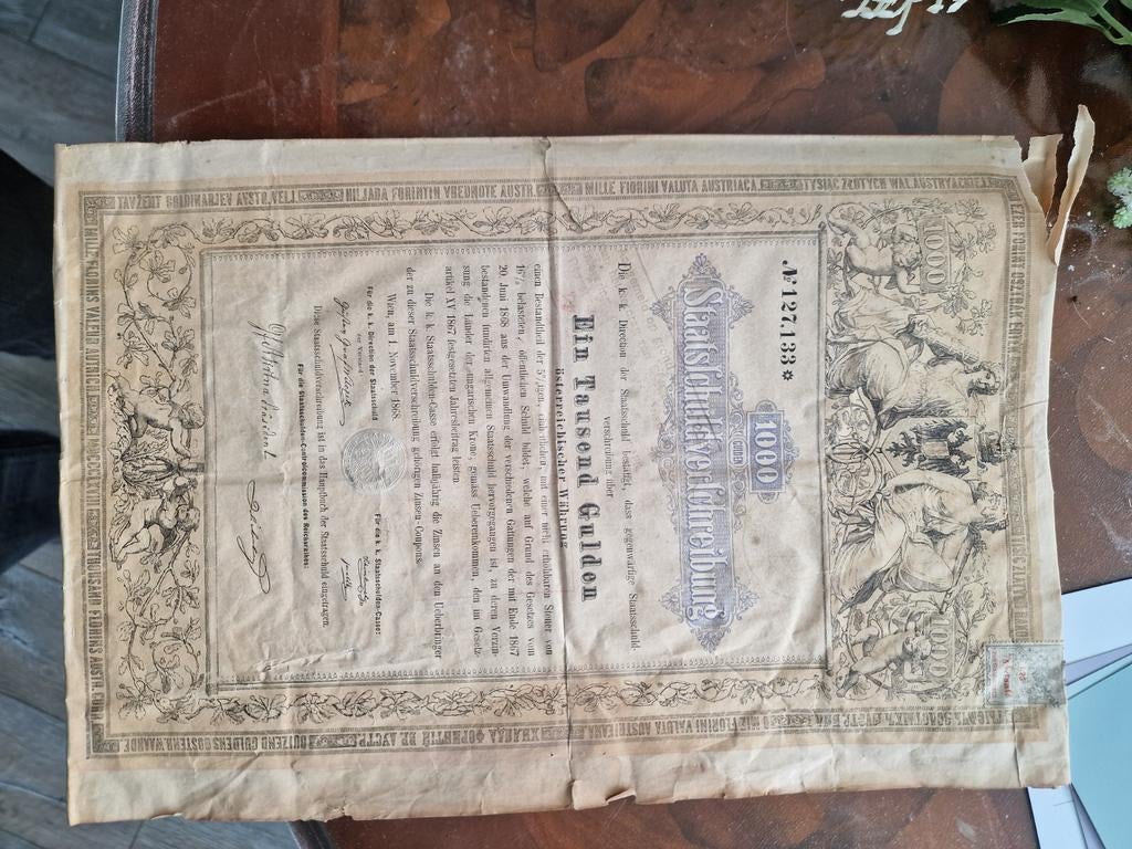 Oude Oostenrijkse Staatsschuldverplichting 1000 Gulden 1868, Postzegels en Munten, Aandelen en Waardepapieren, Ophalen of Verzenden