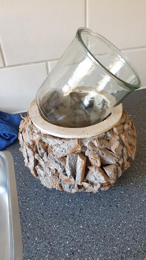 Mooie houtomrande uitneembare vaas/bloempot, Ophalen, Overige kleuren, Aardewerk of Porselein, Zo goed als nieuw