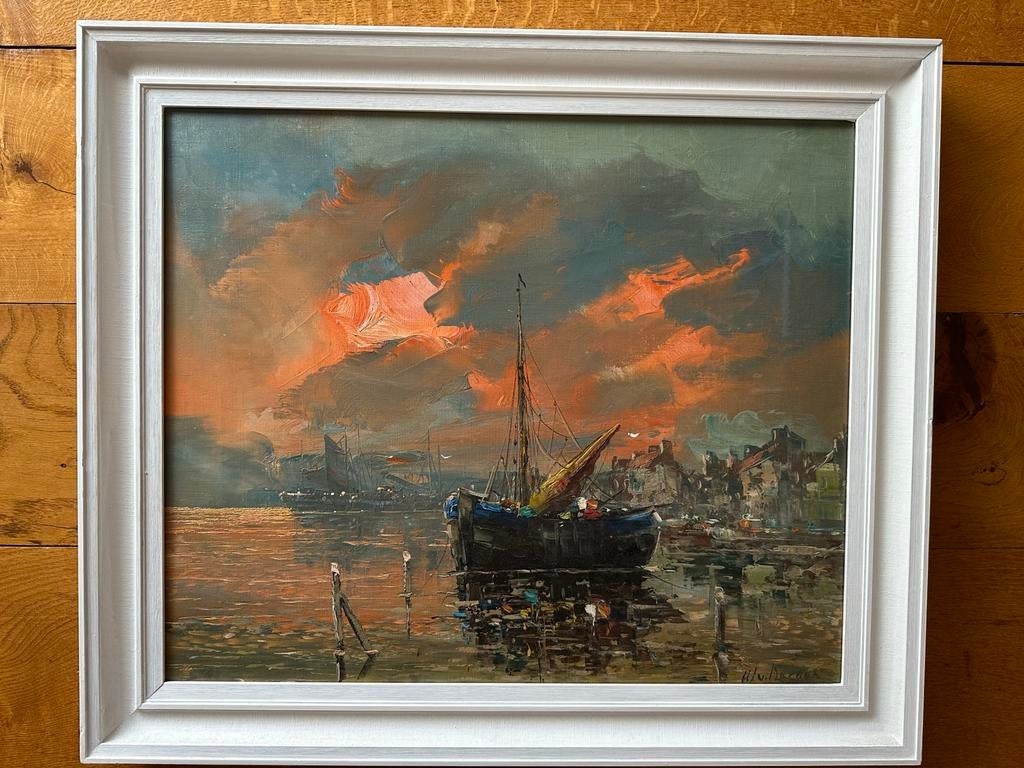 Schilderij van Norden: Vissersboten in Franse haven, Antiek en Kunst, Kunst | Schilderijen | Klassiek, Ophalen