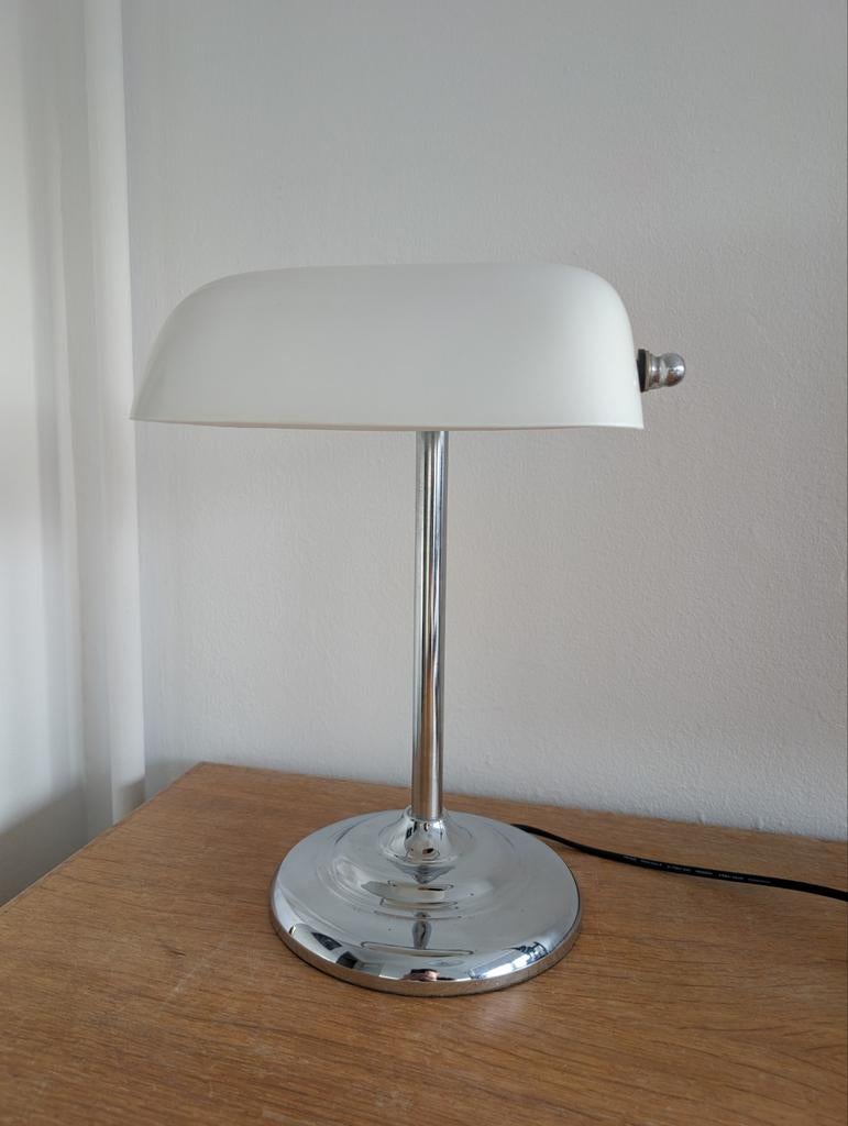 Vintage Jaren '80 Bankierslamp Notarislamp Chroom Wit, Gebruikt, Vintage, Jaren '80, Art Deco, Ophalen of Verzenden, Metaal