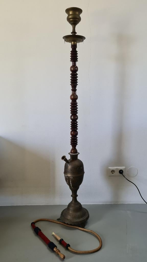 grote vintage waterpijp shisha koper hout antiek deco 145cm, Ophalen, Gebruikt, (Water)pijp