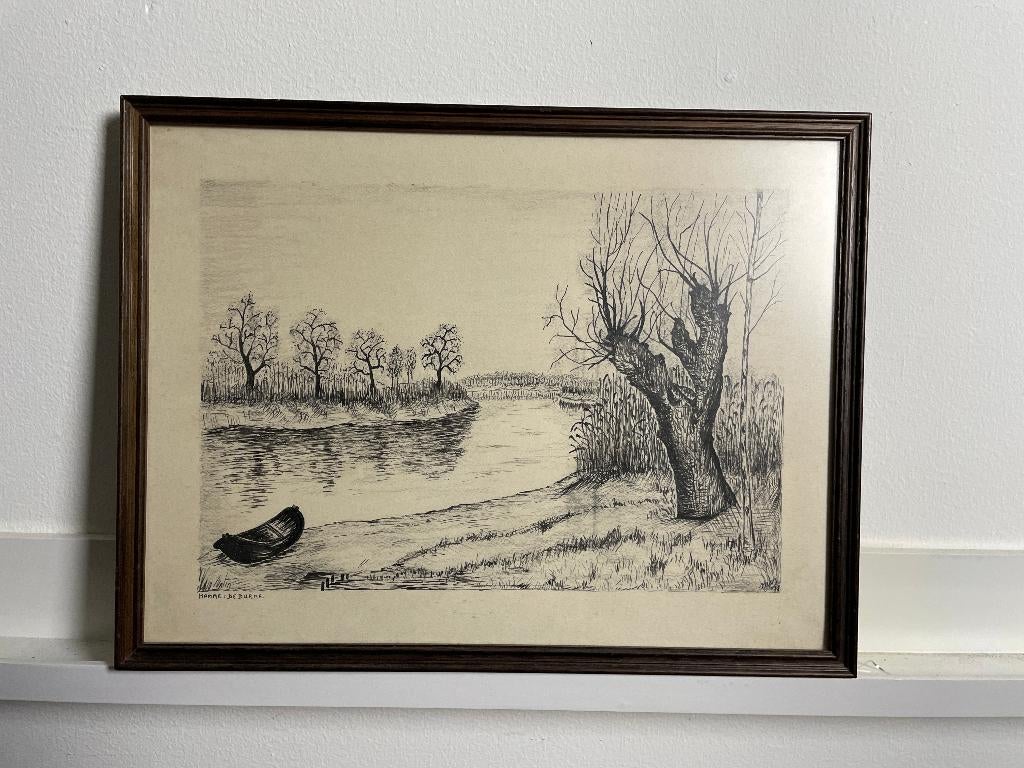 Hamme: de Durne - tekening rivier bij Lokeren en Hamme, Antiek en Kunst, Ophalen of Verzenden