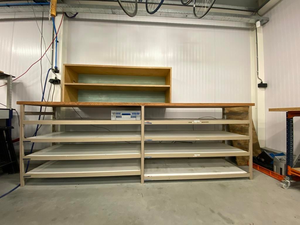 Robuuste werkbank met legplanken en opzetkast, Ophalen, Gebruikt, 170 cm of meer