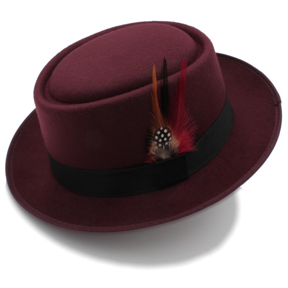 Rode pork pie hoed met veer / heren dames wollen fedora, Verzenden, Nieuw, Hoed