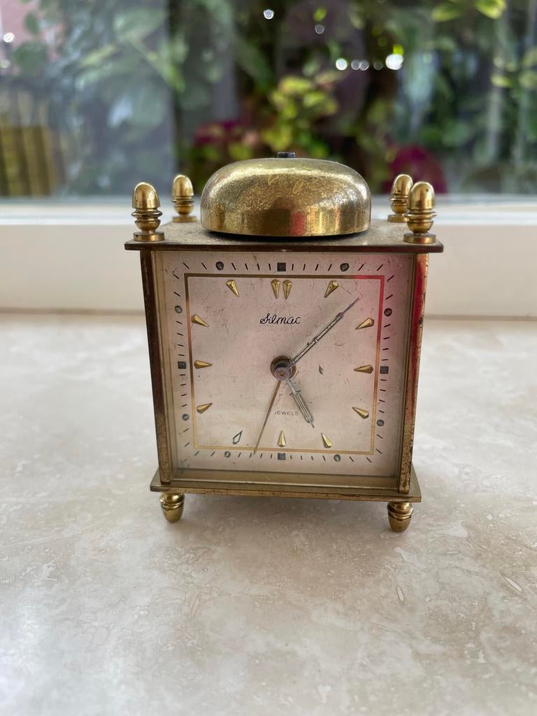 Vintage Silmac wekker - messing, mechanisch, 7 jewels, Ophalen of Verzenden
