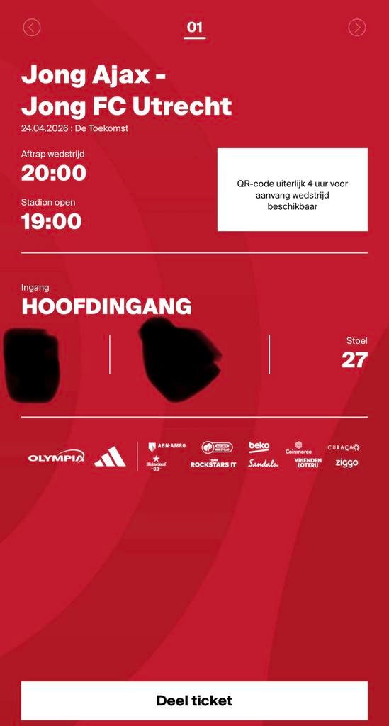 Jong ajax fc utrecht, Seizoenskaart, Eén persoon, April